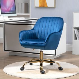 360Â° Dark Blue Velvet Swivel Chair With High Back, Adjustable Working Chair With Golden Color Base