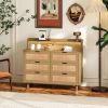 43.31"6-Drawers Rattan Storage Cabinet Rattan Drawer with LED Lights and Power Outlet,for Bedroom,Living Room,Natural